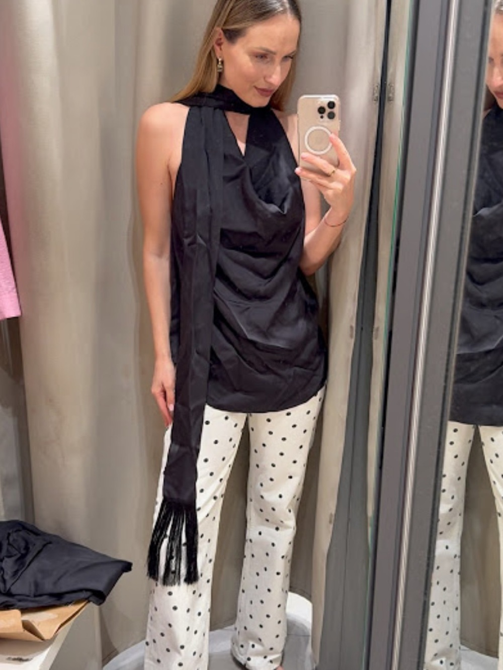 Black Draped Halter Top with Scarf Detail